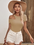 Women Sexy Cut Out Shoulder T-Shirt Ribbed Knit Short Sleeve Slim Fit Top Khaki Viscose Elastane Summer Vacation Casual Tee For Ladies