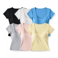 Women's Slim Fit Short Sleeve T-Shirt With Built-in Bra Pads Sexy Low U-Neck Ribbed Knit Solid Color Summer Casual Basic Crop Top