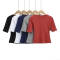 Women's Slim Fit Ribbed Knit T-Shirt Short Sleeve Round Neck Solid Color Polyester Tee Top Summer Casual Streetwear Clothing