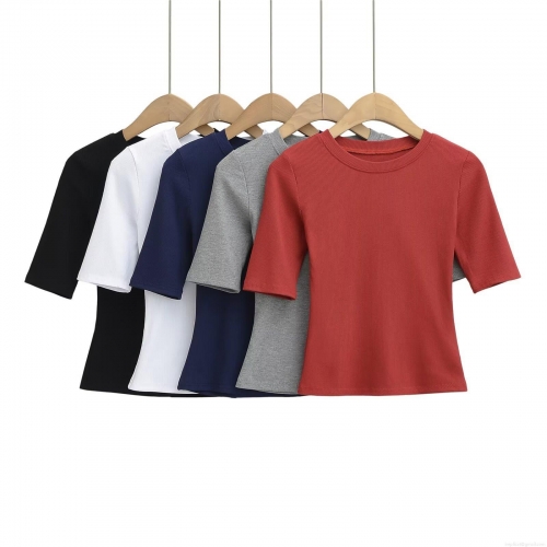 Women's Slim Fit Ribbed Knit T-Shirt Short Sleeve Round Neck Solid Color Polyester Tee Top Summer Casual Streetwear Clothing