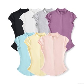 Women Stand Collar Half Zip Short Sleeve T-Shirt Viscose Elastane Ribbed Slim Fit Rib Knit Top Summer Streetwear Solid Color Casual Tee