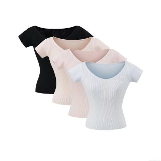 Women V Neck Short Sleeve Ribbed Knit T-Shirt Slim Fit Solid Color Polyester Viscose Blend Casual Summer Top Streetwear Clothing