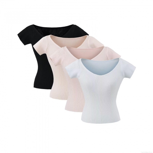 Women V Neck Short Sleeve Ribbed Knit T-Shirt Slim Fit Solid Color Polyester Viscose Blend Casual Summer Top Streetwear Clothing