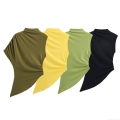 Women's Sleeveless Mock Neck Asymmetrical T-Shirt Sexy Ruched Side Pleated Hem Polyester Knit Top Solid Color Streetwear Summer Casual Slim Fit Vest For Women