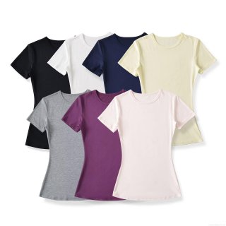 Women's Slim Fit Ruched Short Sleeve T-Shirt Lyocell Spandex Crew Neck Basic Tee Top For Daily Summer Streetwear