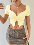 Women Sexy Twist Knot Front V Neck Crop Top Short Sleeve Ruched Slim Fit Summer T-Shirt Solid Color Ribbed Streetwear Fashion Tee