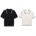 Women's Contrast Trim Knitted Polo Shirt Short Sleeve Polyester Button Down V Neck Summer Casual T-Shirt Streetwear Top For Women