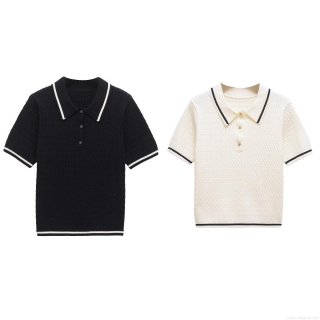 Women's Contrast Trim Knitted Polo Shirt Short Sleeve Polyester Button Down V Neck Summer Casual T-Shirt Streetwear Top For Women