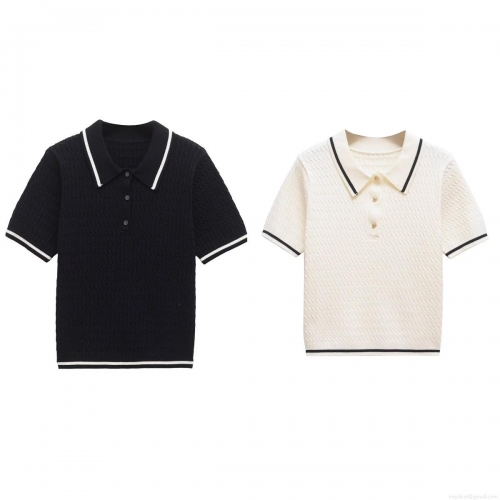 Women's Contrast Trim Knitted Polo Shirt Short Sleeve Polyester Button Down V Neck Summer Casual T-Shirt Streetwear Top For Women