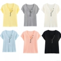 Women's V Neck Henley Short Sleeve T-Shirt Ribbed Knit Button Down Cropped Top Casual Street Style Slim Fit Summer Tee For Women Daily Wear
