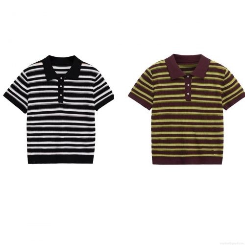 Women's Summer Contrast Striped Polo Neck Knitted Short Sleeve T-Shirt Retro Streetwear Regular Fit Casual Top For Women Polyester Knit Tee