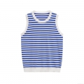 Women's Striped Mercerized Cotton Knit Tank Top Contrast Trim Round Neck Sleeveless Summer Casual Streetwear Chic Ladies Lightweight Comfortable Vest