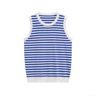 Women's Striped Mercerized Cotton Knit Tank Top Contrast Trim Round Neck Sleeveless Summer Casual Streetwear Chic Ladies Lightweight Comfortable Vest