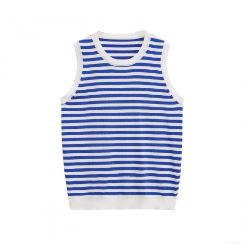 Women's Striped Mercerized Cotton Knit Tank Top Contrast Trim Round Neck Sleeveless Summer Casual Streetwear Chic Ladies Lightweight Comfortable Vest