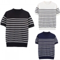 Women Contrast Color Striped T-Shirt Casual Short Sleeve Round Neck Polyester Knit Slim Fit Tee Tops For Summer Streetwear Lady Everyday Comfortable Breathable Pullover Upper