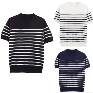 Women Contrast Color Striped T-Shirt Casual Short Sleeve Round Neck Polyester Knit Slim Fit Tee Tops For Summer Streetwear Lady Everyday Comfortable Breathable Pullover Upper