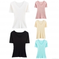 Women's V Neck Short Sleeve Ribbed Knit T-Shirt Slim Fit Solid Color Polyester Summer Casual Basic Tee Top For Daily Wear