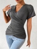 Sexy Deep V Neck Ruched Waist Knit T-Shirt Slim Fit Short Sleeve Cross Wrap Top Summer Casual Heather Grey Polyester Viscose Elastane Tee For Women