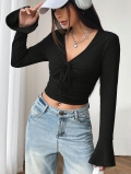 Women's Elegant V-Neck Bell Sleeve T-Shirt Solid Ribbed Viscose Cropped Top With Drawstring Ruched Detail For Casual Party Ladies Long Sleeve Slim Fit Chic Blouse