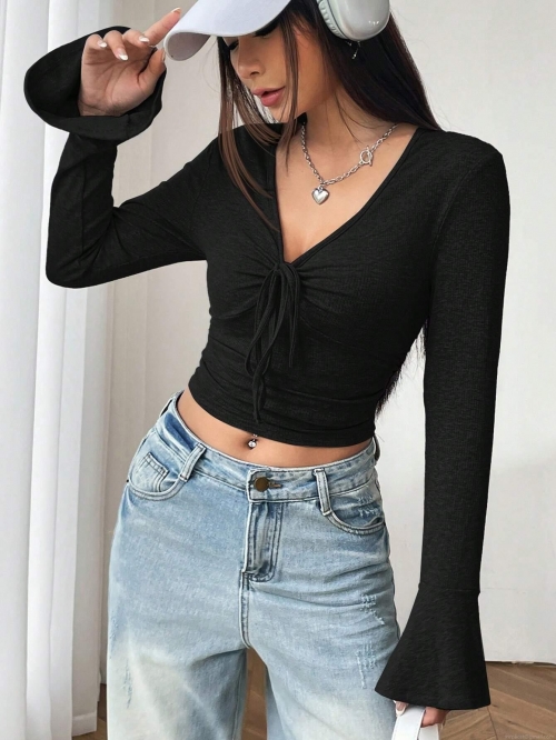 Women's Elegant V-Neck Bell Sleeve T-Shirt Solid Ribbed Viscose Cropped Top With Drawstring Ruched Detail For Casual Party Ladies Long Sleeve Slim Fit Chic Blouse