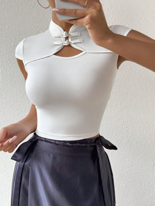 Women's New Chinese Style T-Shirt Frog Button Retro Mock Neck Hollow Out Slim Fit Short Sleeve Crop Top Basic Solid Color Polyester Spandex Tee for Summer Casual Party Lady