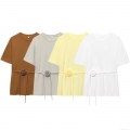 Women's Summer Round Neck Short Sleeve T-Shirt With 3D Rose Flower Decorative Belt Solid Color Casual Street Style Top For Ladies Soft Polyester Tee