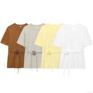 Women's Summer Round Neck Short Sleeve T-Shirt With 3D Rose Flower Decorative Belt Solid Color Casual Street Style Top For Ladies Soft Polyester Tee