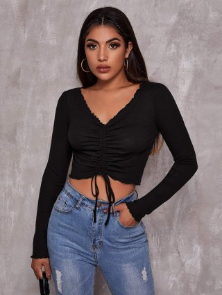 Women's Ribbed Knit Long Sleeve T-Shirt V-Neck Drawstring Crop Top Slim Fit Lettuce Edge Solid Color Polyester Casual Streetwear Fall Winter Blouse