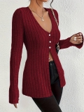 Women's Sexy French V Neck Ribbed Knit T-Shirt Long Sleeve Slim Fit Cropped Top With Buttons Polyester Spandex Casual Cardigan For Dating Party