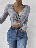 Women Sexy V Neck T-Shirt Long Sleeve Cropped Top Twist Front Hollow Out Ribbed Knit Polyester Spandex Autumn Winter Slim Fit Casual Club Party Wear