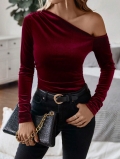 Women Sexy Off Shoulder Velvet Long Sleeve T-Shirt Slim Fit Solid Wine Red Top Elegant Slant Neck Velvet Blouse For Autumn Winter Party Date Night Out Women Apparel