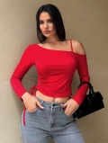 Women Sexy One Shoulder Drawstring Ruched T-Shirt Long Sleeve Slim Fit Polyester Elastane Solid Red Crop Top For Party Streetwear Clubwear Sexy Hot Girl Style