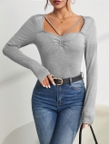 Women's Long Sleeve T-Shirt Viscose Elastane Slim Fit Ruched Criss-cross Neckline Casual Basic Top Autumn Winter Streetwear Solid Color Grey