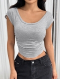 Women's Ruched Side Crop T-Shirt Slim Fit U-Neck Short Sleeve Polyester Elastane Blend Ribbed Knit Top Summer Casual Y2K Fashion Basic Tee