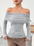 Women's Off-the-Shoulder Ribbed Knit Top Slim Fit Long Sleeve Viscose Blend Solid Color Elegant Pullover T-Shirt for Women Daily Casual Wear