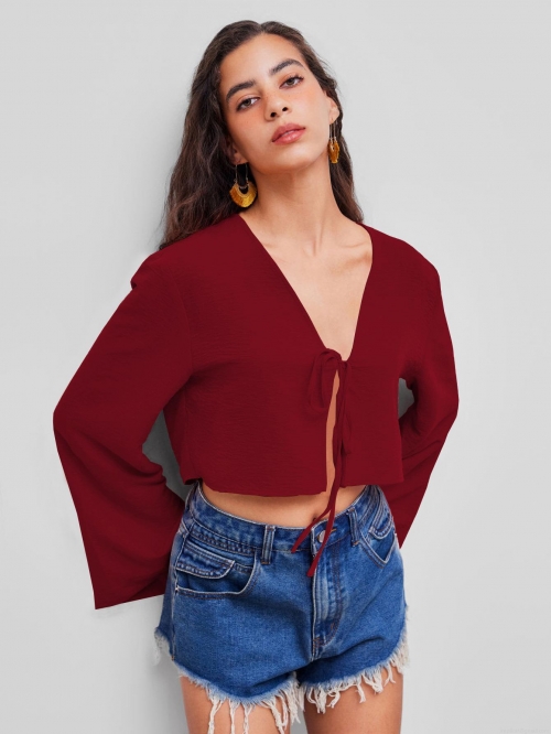 Women's Sexy Deep V Neck Tie Up Front Crop Top Wine Red Long Sleeve T-Shirt Lace Up Flare Sleeve Ribbed Knit Cardigan Top For Party Club