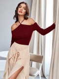 Sexy Off-Shoulder Halter Neck Long Sleeve T-Shirt Women Slim Fit Viscose Blend Ribbed Knit Solid Wine Red Top For Casual Party Dating