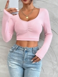 Women's Pink Ribbed Long Sleeve Crop Top Sexy U-Neck Front Shirring Slim Fit T-Shirt Polyester Spandex Blend Autumn Winter Streetwear For Women