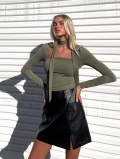 Women Sexy Square Neck Long Sleeve T-Shirt Slim Fit Short Top With Tie Up Scarf Detail Army Green Polyester Spandex Tee For Club Party Autumn Spring