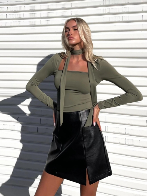 Women Sexy Square Neck Long Sleeve T-Shirt Slim Fit Short Top With Tie Up Scarf Detail Army Green Polyester Spandex Tee For Club Party Autumn Spring
