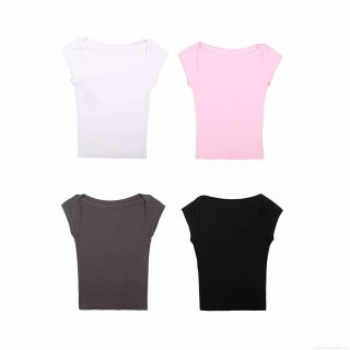 Women's Slim Fit Boat Neck T-Shirt Summer Solid Color Polyester Ribbed Knit Top Short Sleeve Sleeveless Streetwear Casual Tee for Ladies