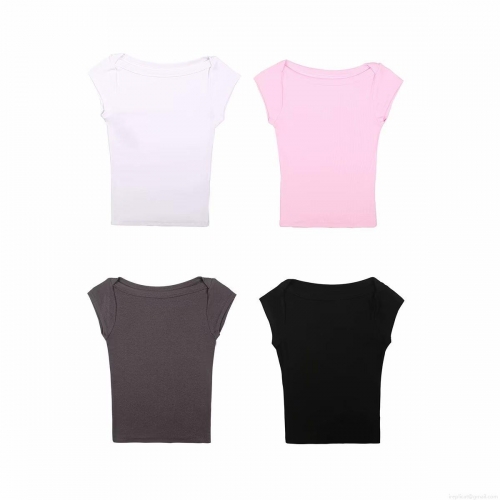 Women's Slim Fit Boat Neck T-Shirt Summer Solid Color Polyester Ribbed Knit Top Short Sleeve Sleeveless Streetwear Casual Tee for Ladies