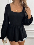 Women Elegant Black Square Neck Long Sleeve Top With Puff Sleeve Peplum Hem Cotton Polyester Blend Knit Texture Sexy Commuter Blouse For Women