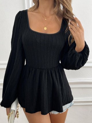 Women Elegant Black Square Neck Long Sleeve Top With Puff Sleeve Peplum Hem Cotton Polyester Blend Knit Texture Sexy Commuter Blouse For Women