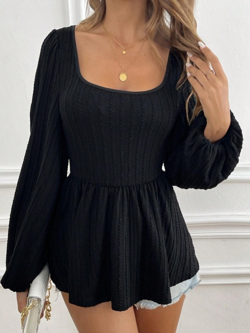 Women Elegant Black Square Neck Long Sleeve Top With Puff Sleeve Peplum Hem Cotton Polyester Blend Knit Texture Sexy Commuter Blouse For Women