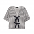 Women's Summer V Neck Striped T Shirt Polyester Seersucker Short Puff Sleeve Top With Bow Tie Casual Streetwear Fashion Tee For Women