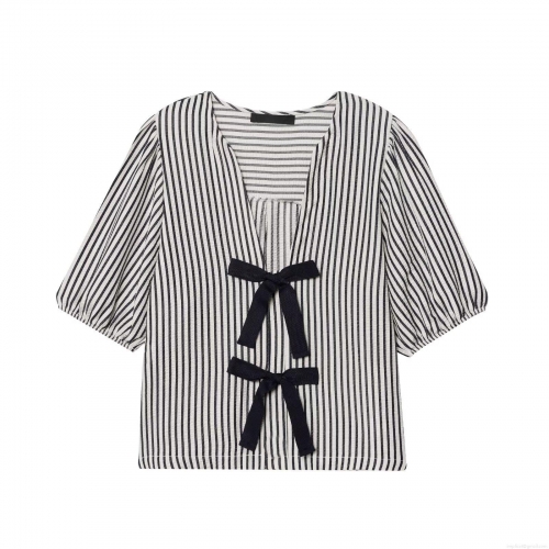 Women's Summer V Neck Striped T Shirt Polyester Seersucker Short Puff Sleeve Top With Bow Tie Casual Streetwear Fashion Tee For Women