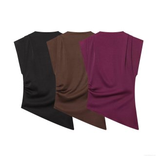 Women's Sleeveless T-Shirt Top Polyester Blend Asymmetric Hem Pleated Design Stand Collar Solid Color Summer Streetwear Sexy Slim Casual Women Clothing