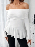 Women's Off-Shoulder Long Sleeve T-Shirt Elegant Sexy Slim Fit Ruffled Hem White Polyester Elastane Top For Daily Party