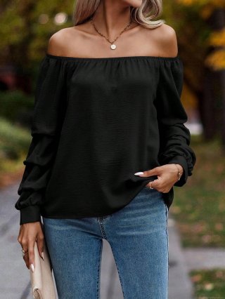 Women Off-the-Shoulder Long Sleeve T-Shirt Elegant Smocked Textured Pullover Top For Party Office Solid Color Polyester Blend Slim Fit Blouse Casual Style